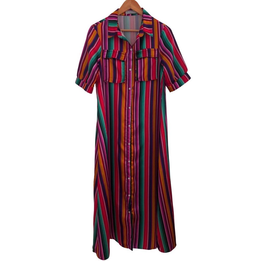 Rainbow Striped  Button-Down Maxi Dress Size S Pride, Fun, Pride, Silky Feel